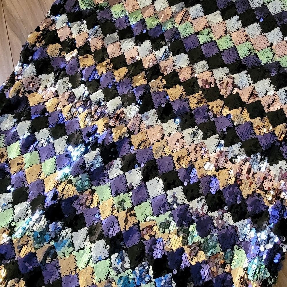 🍍3 For 50🍍Sequin Diamond-Pattern Midi Skirt - Black Multicolor - Picture 5 of 15